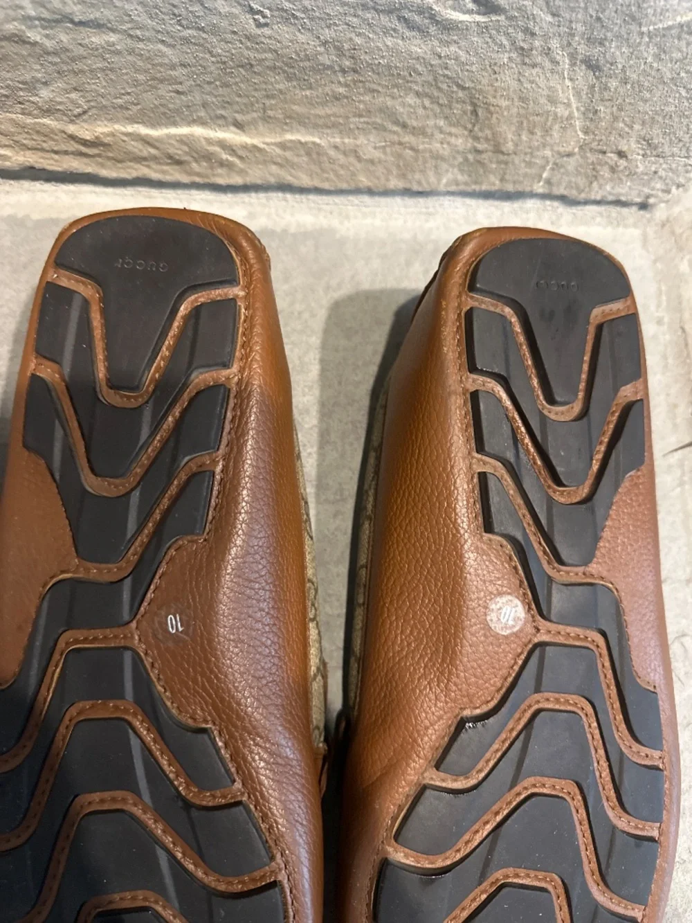 Authentic Gucci Men’s Brown Leather GG Supreme Web Driving Loafers Moccasin sz10